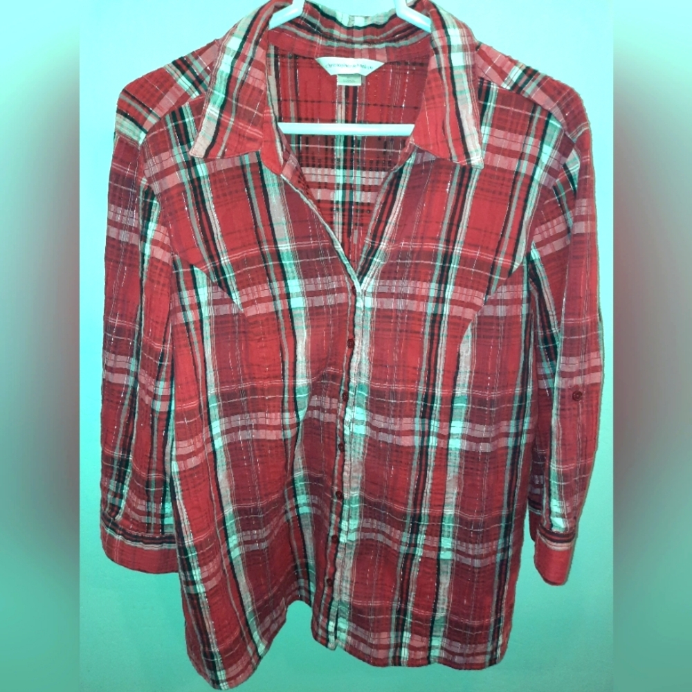 Christopher & Banks red & white plaid button front shirt XL metallic stripes EUC